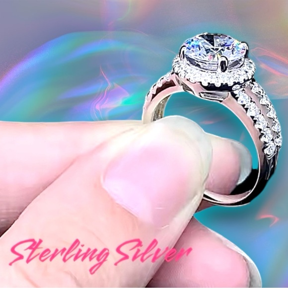 Silver Engagement Anniversary Ring Silver Halo AAA Zircon Solitaire Ring NWT - Picture 3 of 7